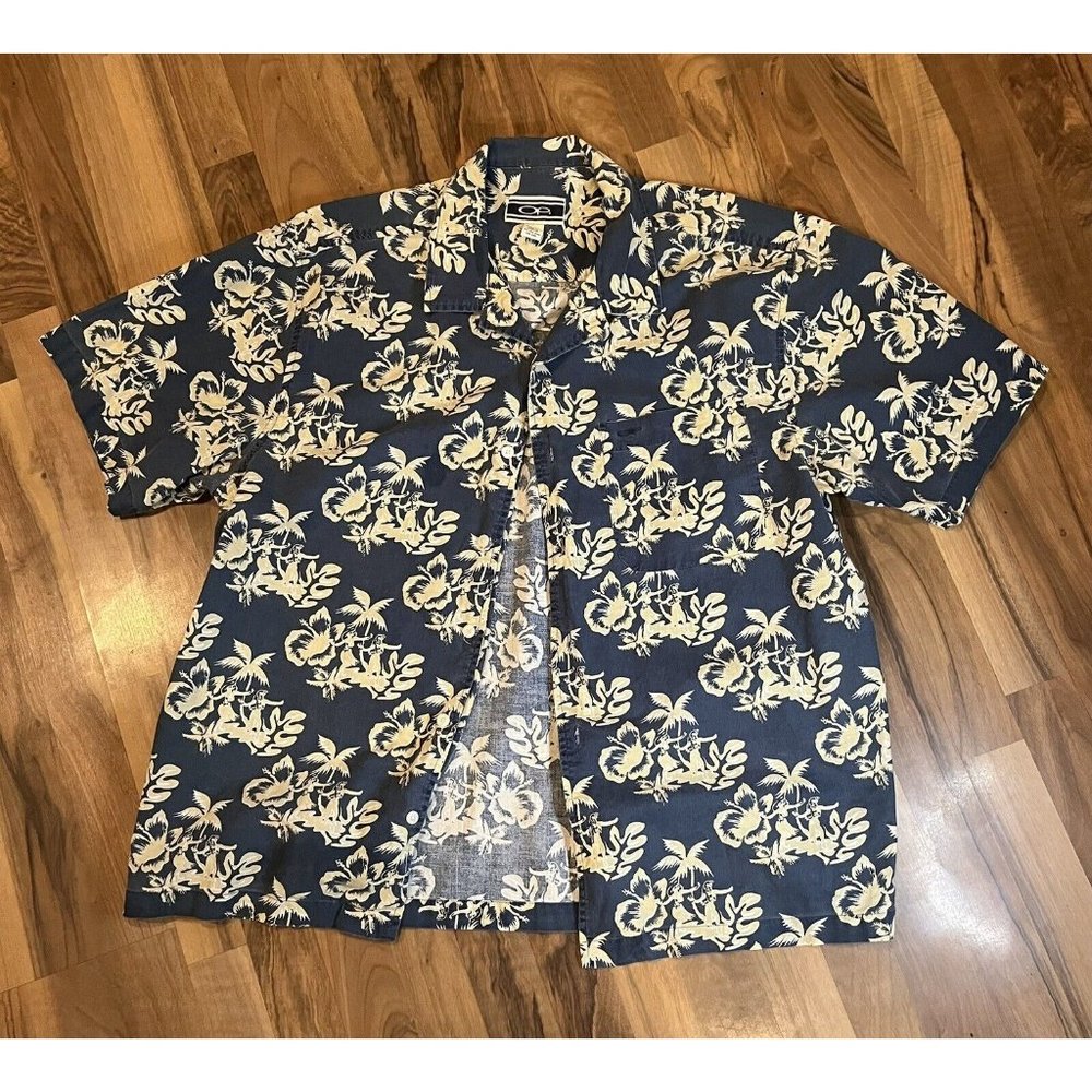 OP Mens Button Up Short Sleeve Collar Hawaiian Shirt Extra Large Blue Palm Trees
